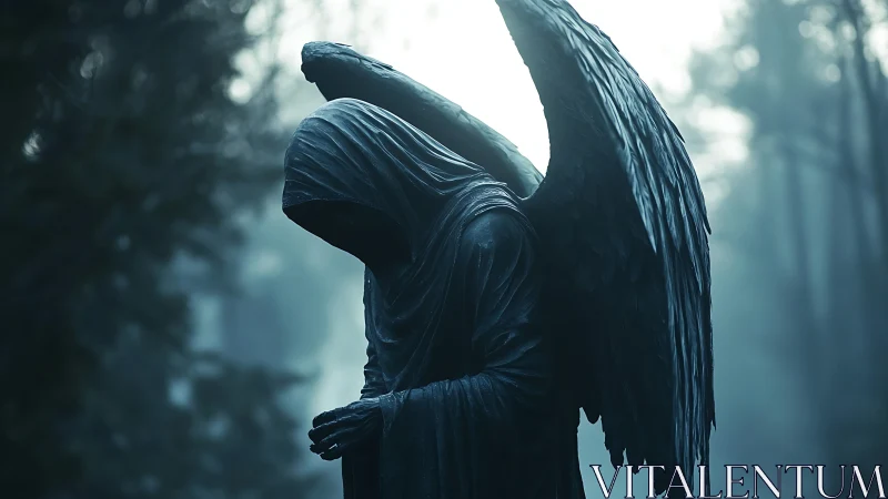 Hooded dark angel sculpture stands in misted forest clearing