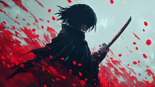 Brooding swordsman in red-splashed digital battle storm.