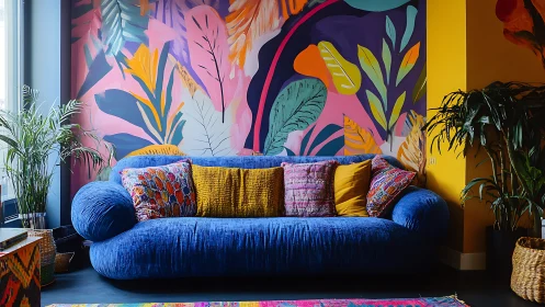 Interior scene shows blue sofa against multicolor leaf mural