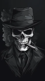 Noir skeletal gangster with cigar in monochrome shadow.
