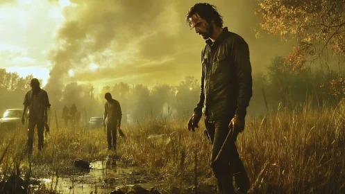Man walking through field with zombies at sunset after crisis.