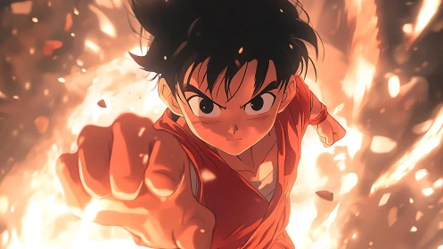 Young anime fighter extends punch amid controlled explosion