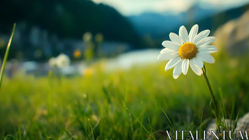 Single white daisy in shallow depth-of-field landscape study.