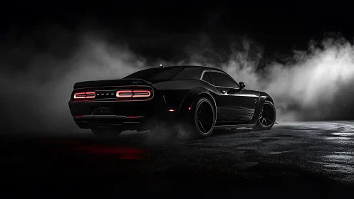 Glossy black muscle car emerges through cinematic backlit smoke