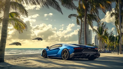 Blue supercar on tropical beach with futuristic UFO craft.