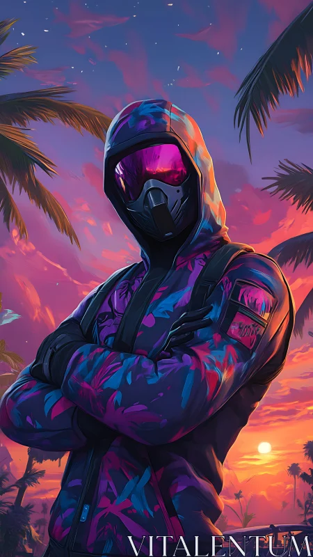 Neon-masked street operative in tropical sunset coastal skyline