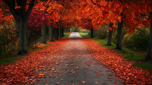 Linear tree canopy frames vanishing-point path under dense red foliage