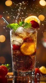 High-Speed Carbonated Beverage Splash with Garnish Elements.