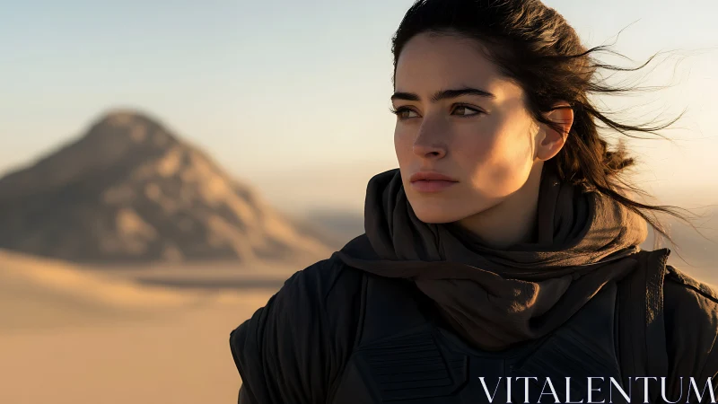 Determined desert wanderer gazes ahead in golden light