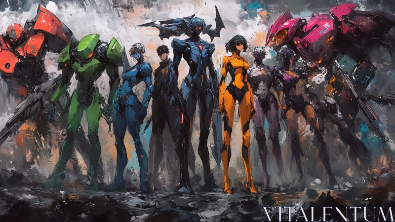 Neon mecha squad emerging through painterly urban smoke.