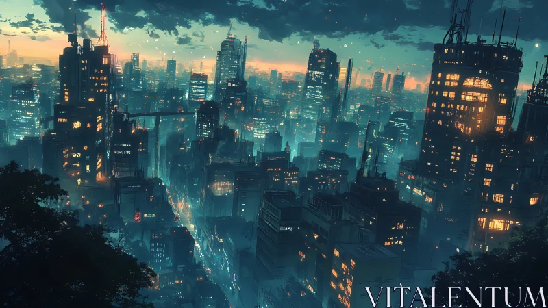 Dense futuristic city skyline glows with night lighting