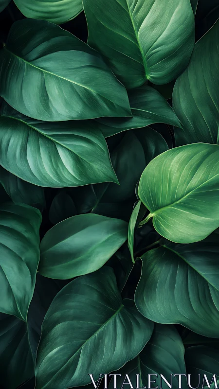 Broad glossy tropical leaves overlap in dense green layers.