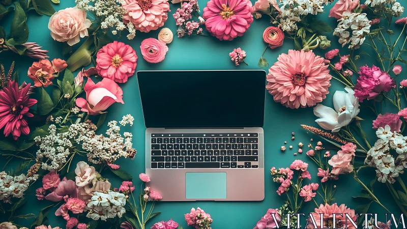 Open laptop centered among assorted pink flowers on teal
