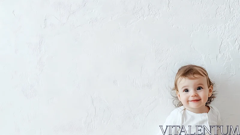 Toddler in white shirt posed against textured white wall.
