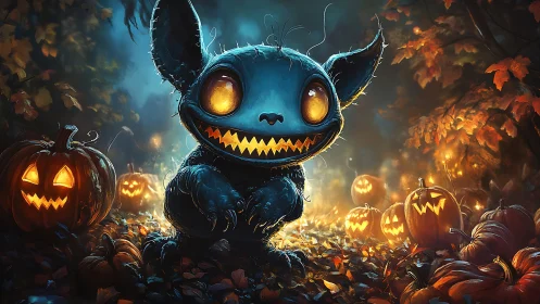 Demonic blue creature stalks glowing jack o lantern grove.