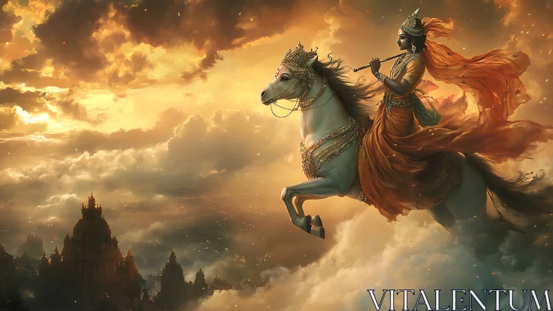 Divine rider on white horse above clouded temple landscape.