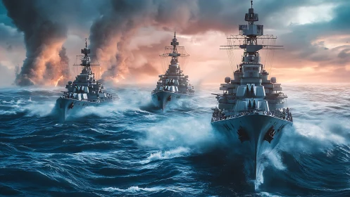 World War II battleship squadron charging through storm surf