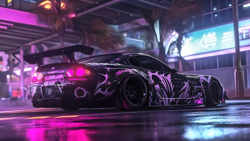 Neon-wrapped street racer glows under futuristic city lights