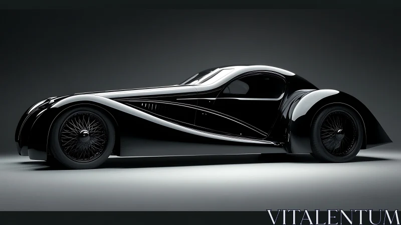 Sleek black vintage coupe glows under dramatic studio lighting