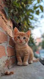Ginger Tabby Kitten with Alert Expression Against Weathered Masonry