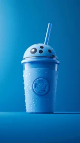 Monochrome blue plastic drink cup with droplets under hard key light