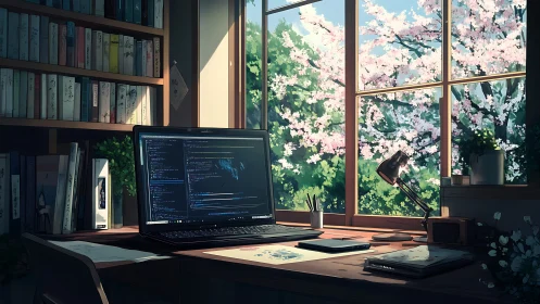 Home coding desk facing spring cherry blossom window.