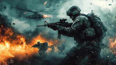 Modern infantry engagement amid explosions and helicopter support.