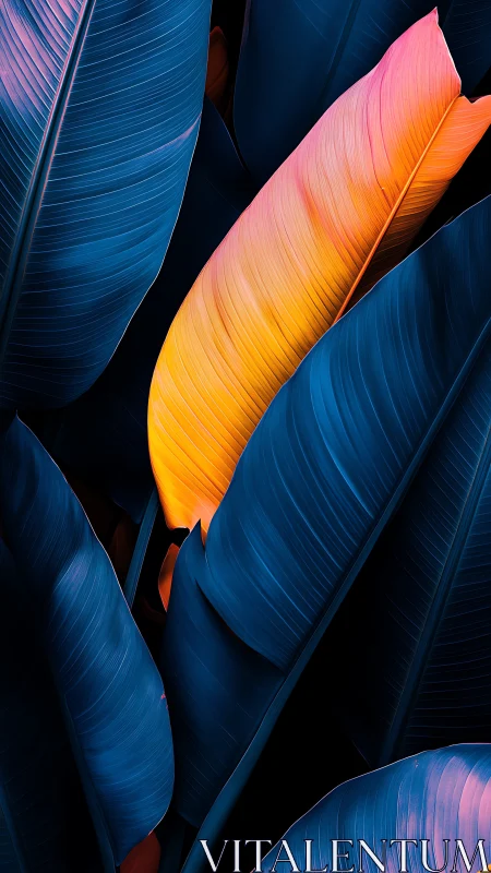 Color-contrasted banana leaves in close, vertical framing.