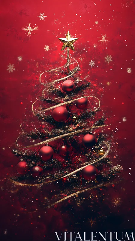 Shimmering Christmas tree glows warmly on a festive red sky