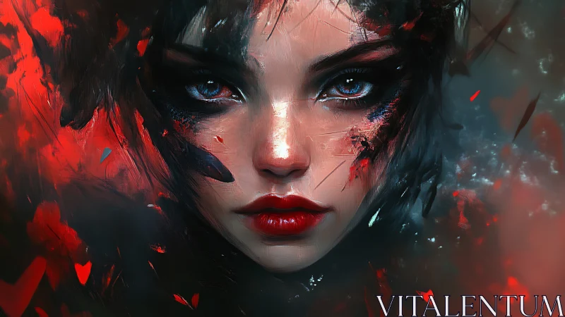 Crimson ember-eyed muse emerging from painted shadows.