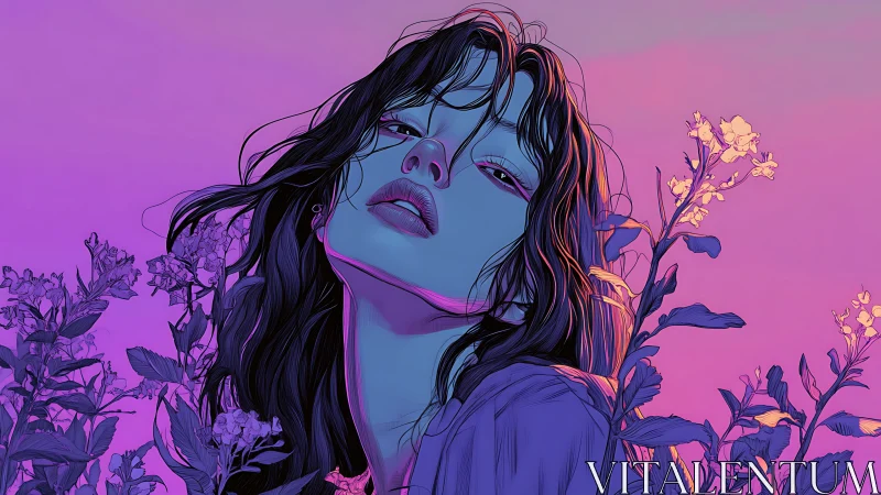 Neon dusk portrait with blue-skinned woman among flowers.