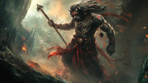 Storm-clad lion god strides through molten mountain dusk