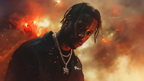 Moody rapper stands in glowing cosmic firestorm portrait.