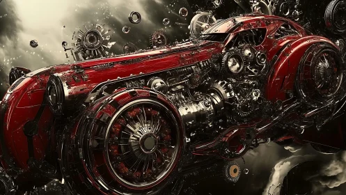 Red futuristic car packed with exposed mechanical gears and pipes.