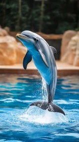 Bottlenose dolphin leaping high above bright blue pool.