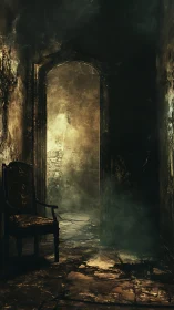 Decayed corridor with arched doorway and volumetric fog rendering