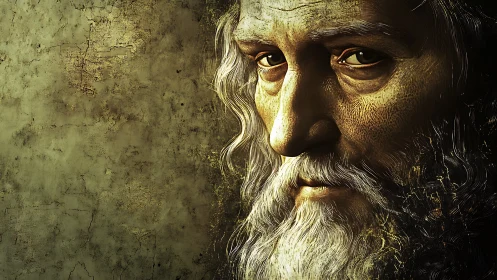 Elderly bearded male portrait in warm textured chiaroscuro.