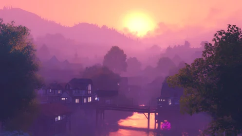 Sunset illuminates misty riverside village with layered hills
