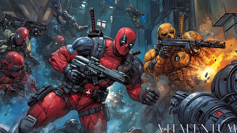 Comic action tableau with tactical antihero squad composition.