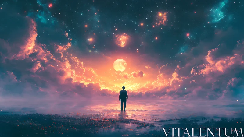 Solitary figure walks toward luminous cosmic horizon glow.