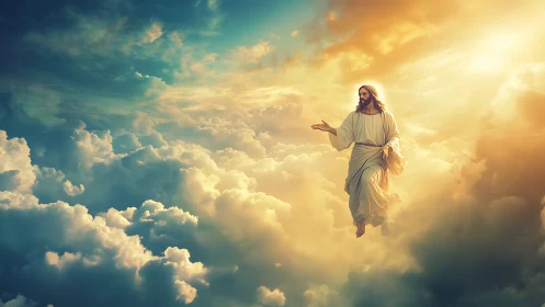 Radiant celestial Jesus ascends through glowing golden clouds