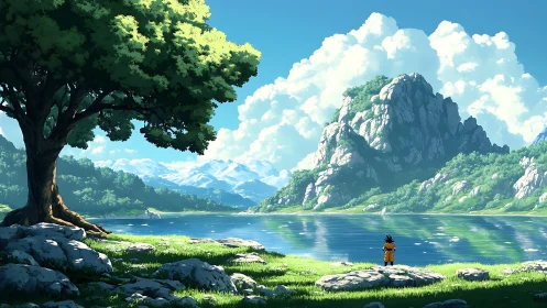 Serene lakeside valley with towering clouds and lone figure.