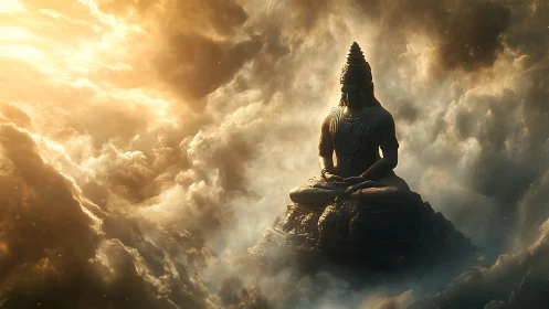 Divine stone deity meditates within radiant celestial clouds.