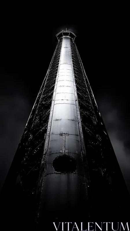Monolithic industrial tower rising into voided darkness.