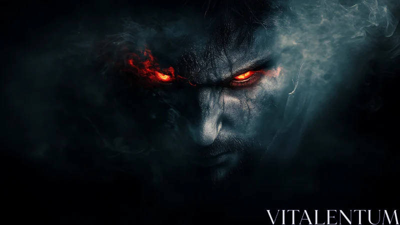 Ember-eyed dark warrior emerging from shivering shadowed smoke.