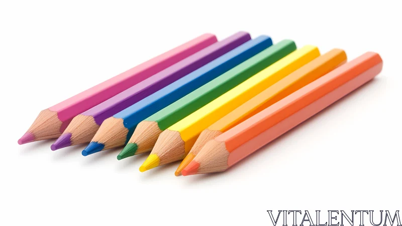 Row of sharpened colored pencils lies on white surface