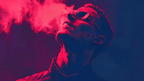 Neon-lit profile exhaling vivid pink vapor into darkness.