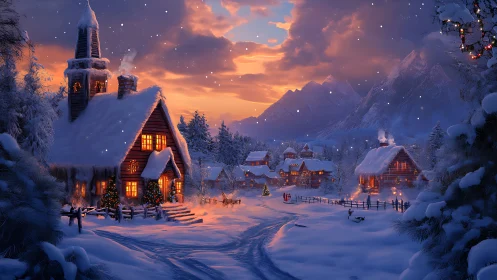 Cozy winter village glowing with warm lights at sunset.