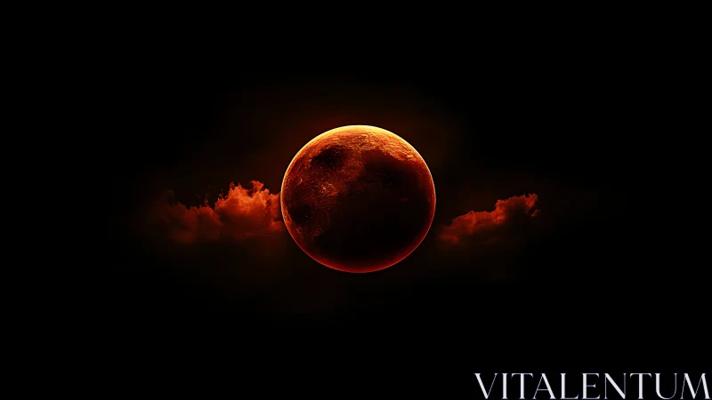 Fiery blood moon glows amid dark cosmic clouds at night.