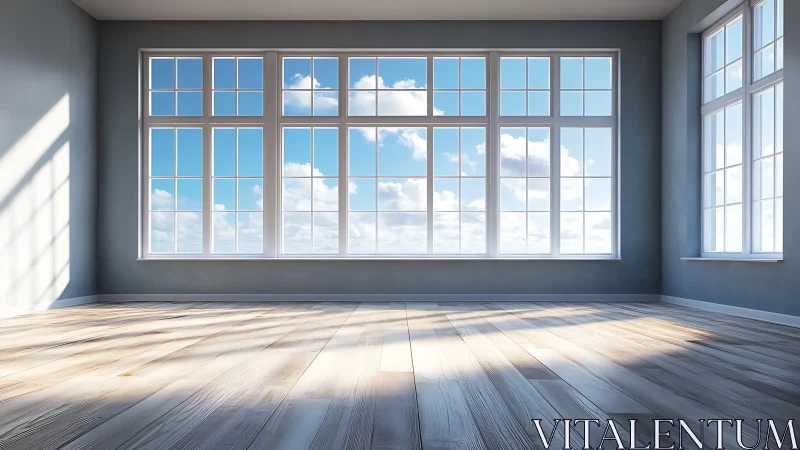 Sunlit minimalist interior showcases expansive grid windows